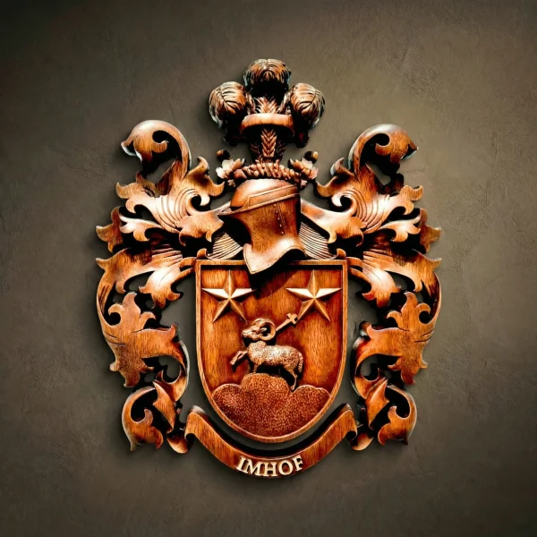 Custom hand-carved Iroko wood family crest for the name "IMHOF". This bespoke heraldic relief features a central shield with a Lamb of God (Agnus Dei) holding a cross, positioned beneath two stars. The crest includes a knight's helmet with a large feather plume and ornate, symmetrical acanthus leaf mantling. Finished with natural wax to highlight the premium wood grain. A premier example of religious family heraldry and custom wooden legacy art.