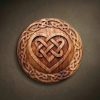 Circular wood relief featuring a Celtic Heart symbol with an inner eternity knot, hand-carved from solid Iroko wood by Oleg Krotko at his Forged in Wood studio. The design is framed by a continuous interlaced knotwork border, showcasing a clean satin finish and natural wood grain. A professional wood carving for interior wall decor, suitable for collectors of Celtic symbols and traditional artisan crafts.