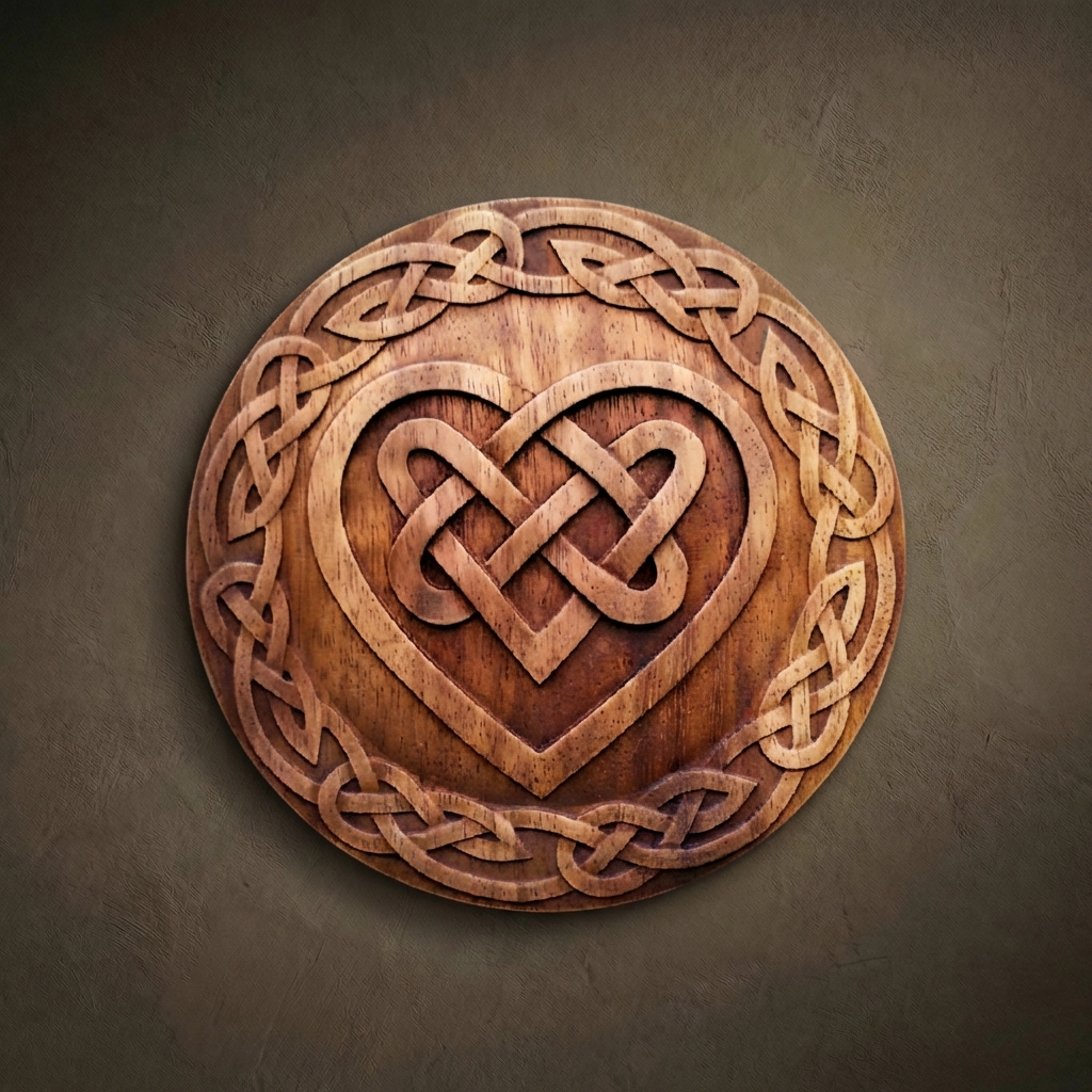 Circular wood relief featuring a Celtic Heart symbol with an inner eternity knot, hand-carved from solid Iroko wood by Oleg Krotko at his Forged in Wood studio. The design is framed by a continuous interlaced knotwork border, showcasing a clean satin finish and natural wood grain. A professional wood carving for interior wall decor, suitable for collectors of Celtic symbols and traditional artisan crafts.