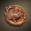 Custom hand-carved Iroko wood round relief sculpture of a Capercaillie (Wood Grouse). This detailed avian carving captures the bird in a classic display pose with a fanned tail and puffed chest, perched upon a rugged, textured branch. The intricate layering of feathers and the surrounding forest thicket are finished with natural oil to highlight the rich, warm wood grain. A masterful example of bespoke forest bird wall art and custom-made hunting-themed wood carvings.