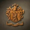 Custom hand-carved Iroko wood family crest featuring a rampant bear and three horseshoes on a classic shield. The design includes a knight's helmet with a feather plume and a complex scrollwork banner with the Latin motto "Sanguinis Requirit Pietas". Finished with natural wax to accentuate the rich, deep textures of the fur and foliage. A premier example of luxury bespoke heraldry and custom wooden family emblems.