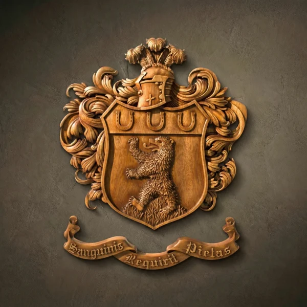 Custom hand-carved Iroko wood family crest featuring a rampant bear and three horseshoes on a classic shield. The design includes a knight's helmet with a feather plume and a complex scrollwork banner with the Latin motto "Sanguinis Requirit Pietas". Finished with natural wax to accentuate the rich, deep textures of the fur and foliage. A premier example of luxury bespoke heraldry and custom wooden family emblems.
