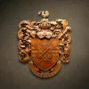 Custom hand-carved Iroko wood heraldic crest with the motto "TO LIVE IS CHRIST". This bespoke religious coat of arms features a central shield with crossed keys, a crowned helmet, and a rooster crest on top. Surrounded by ornate acanthus leaf mantling and finished with natural wax. A premier example of custom family heraldry, Christian wall art, and luxury religious wood carvings.