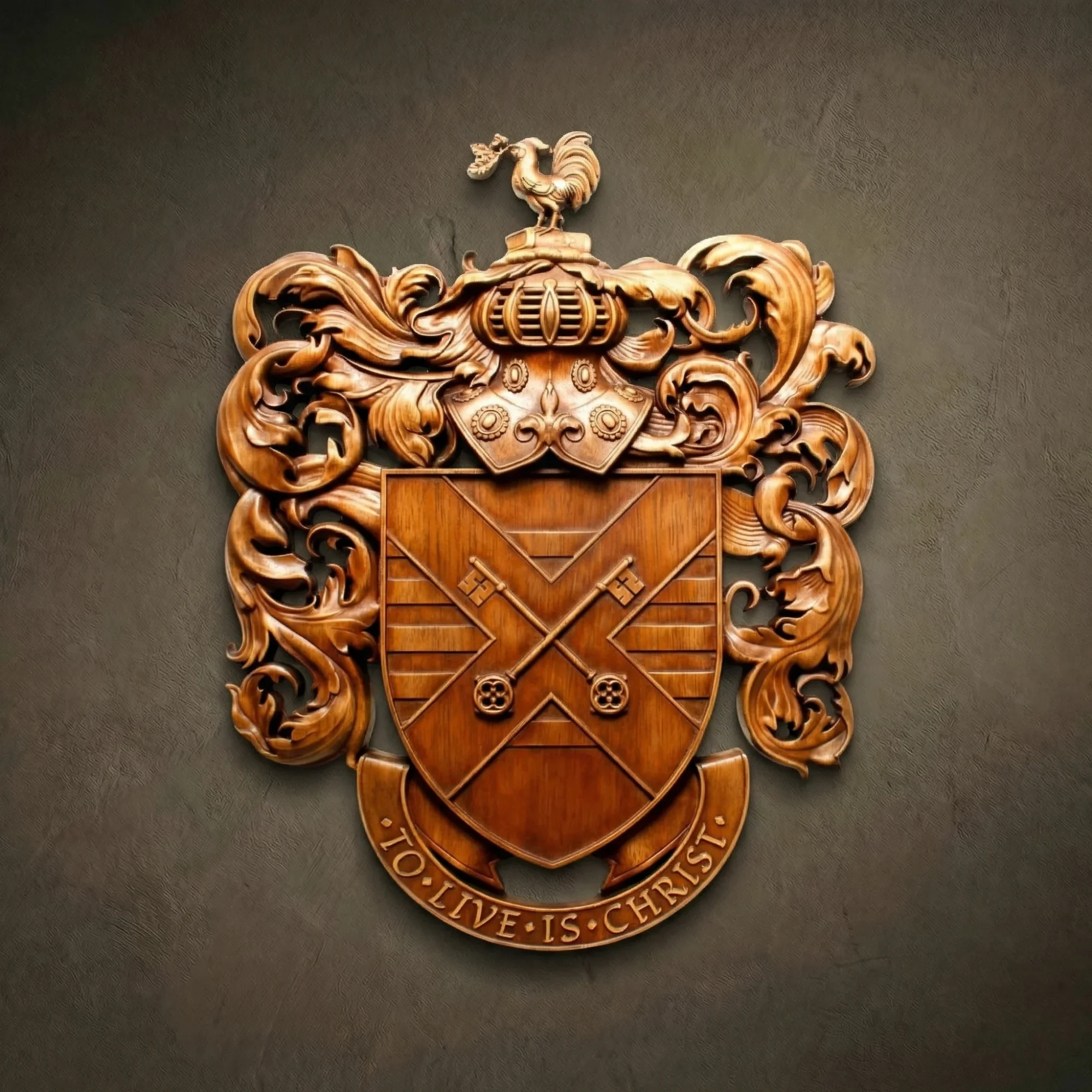 Custom hand-carved Iroko wood heraldic crest with the motto "TO LIVE IS CHRIST". This bespoke religious coat of arms features a central shield with crossed keys, a crowned helmet, and a rooster crest on top. Surrounded by ornate acanthus leaf mantling and finished with natural wax. A premier example of custom family heraldry, Christian wall art, and luxury religious wood carvings.
