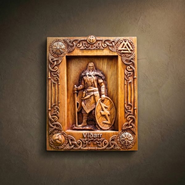 A masterful rectangular wood relief carving of the Norse god Vidarr standing within an architectural niche. He is depicted in full warrior attire with a sword and a shield bearing a lightning bolt symbol. The ornate frame features high-relief Celtic knotwork and four sacred medallions: a Vegvisir, a Valknut, a Triskele, and a runic compass. The name "Vidarr" is elegantly carved at the base, all finished in a rich, warm oak stain.