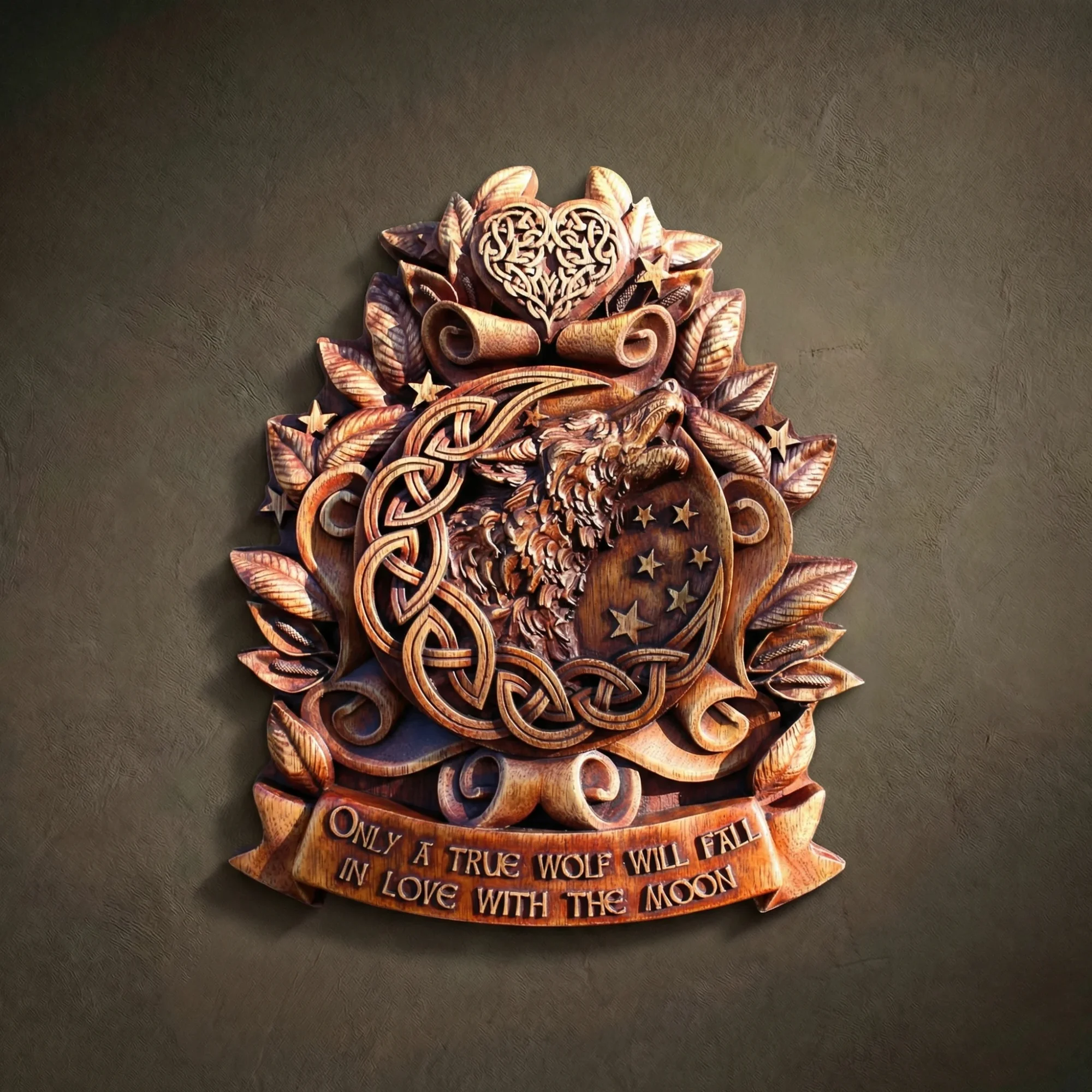 Custom hand-carved Iroko wood relief sculpture of a howling Wolf and crescent moon. This symbolic wildlife carving features a wolf’s head tilted back in a howl, set within a Celtic knotwork moon and surrounded by stars and lush leaves. The composition is topped with a Celtic heart and anchored by a wooden banner inscribed with: "Only a true wolf will fall in love with the moon." Finished with natural oil to highlight the rich, warm wood grain. A premier example of bespoke wolf-themed wall art, symbolic inspirational decor, and luxury wood craftsmanship.