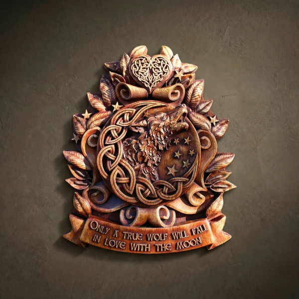 Custom hand-carved Iroko wood relief sculpture of a howling Wolf and crescent moon. This symbolic wildlife carving features a wolf’s head tilted back in a howl, set within a Celtic knotwork moon and surrounded by stars and lush leaves. The composition is topped with a Celtic heart and anchored by a wooden banner inscribed with: "Only a true wolf will fall in love with the moon." Finished with natural oil to highlight the rich, warm wood grain. A premier example of bespoke wolf-themed wall art, symbolic inspirational decor, and luxury wood craftsmanship.