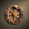 Hand-carved wooden Pagan Wheel of the Year wall hanging. The circular design features a central triskele symbol with eight spokes labeled for the sabbats (Samhain, Yule, Imbolc, Ostara, Beltane, Litha, Lughnasadh, and Mabon). The outer rim is intricately decorated with seasonal harvest elements like pumpkins, acorns, grain, and a bird’s nest.