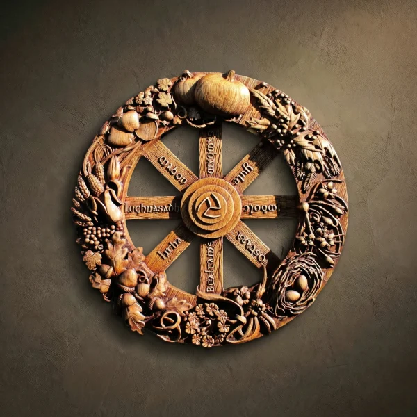 Hand-carved wooden Pagan Wheel of the Year wall hanging. The circular design features a central triskele symbol with eight spokes labeled for the sabbats (Samhain, Yule, Imbolc, Ostara, Beltane, Litha, Lughnasadh, and Mabon). The outer rim is intricately decorated with seasonal harvest elements like pumpkins, acorns, grain, and a bird’s nest.