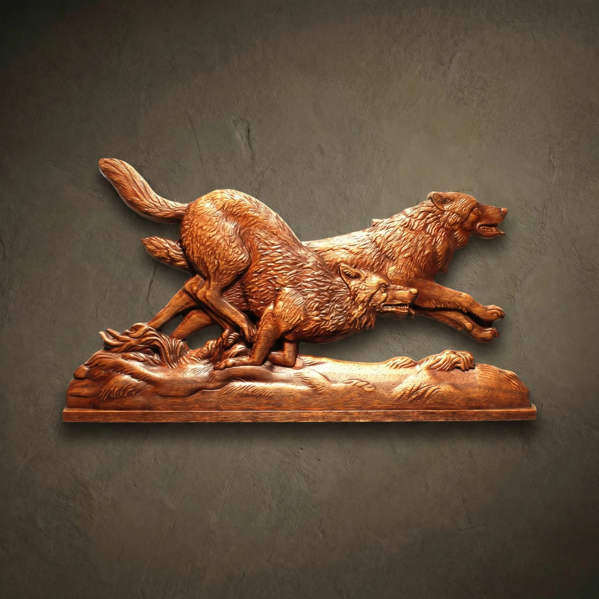 Custom hand-carved Iroko wood relief sculpture of two wolves running. This dynamic wildlife carving captures the movement and power of a wolf pack with highly detailed fur textures and muscular forms, finished with natural oil to enhance the rich wood grain. A premium example of bespoke animal wall art and custom-made nature carvings available for order.