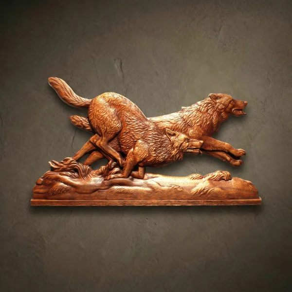 Custom hand-carved Iroko wood relief sculpture of two wolves running. This dynamic wildlife carving captures the movement and power of a wolf pack with highly detailed fur textures and muscular forms, finished with natural oil to enhance the rich wood grain. A premium example of bespoke animal wall art and custom-made nature carvings available for order.