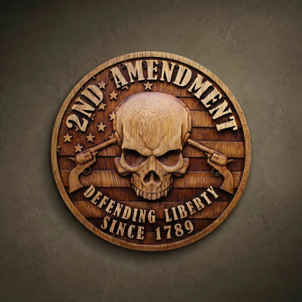 Circular Iroko wood relief plaque dedicated to the 2nd Amendment. Features a large central skull over crossed revolvers and an American flag background. Inscribed with "2ND AMENDMENT," "DEFENDING LIBERTY," and "SINCE 1789." Finished with natural oil to emphasize the detailed wood grain.