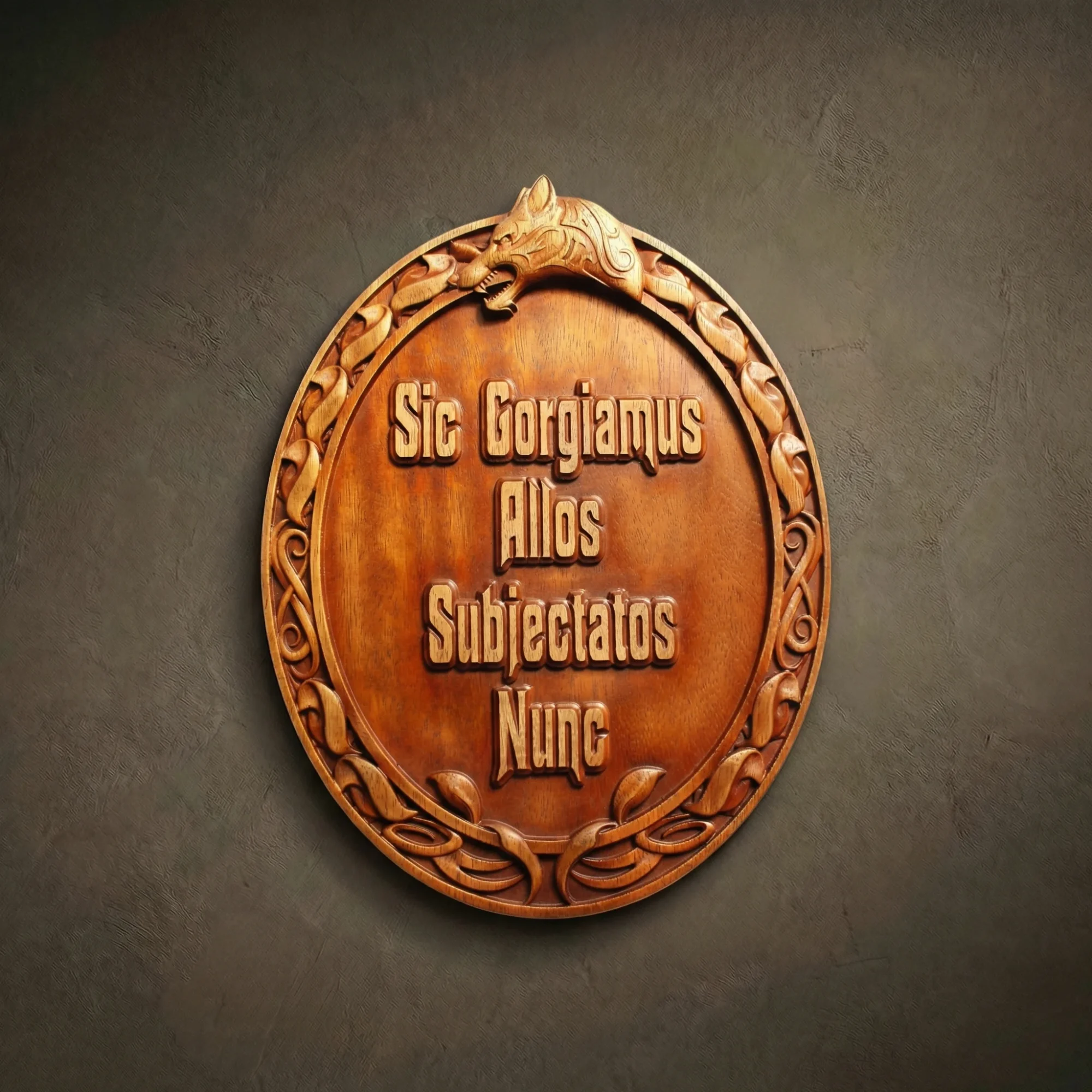 Oval wall plaque hand-carved from solid Iroko hardwood, featuring the Addams Family motto in Latin: "Sic Gorgiamus Allos Subjectatos Nunc." The relief carving includes a snarling wolf head at the top and an ornate border with Celtic-inspired knotwork and leaf motifs. Hand-finished with natural oils to highlight the rich, warm, golden-brown grain of the Iroko wood. A sophisticated and humorous piece of Gothic-style home decor for fans of dark comedy and classic cinema.