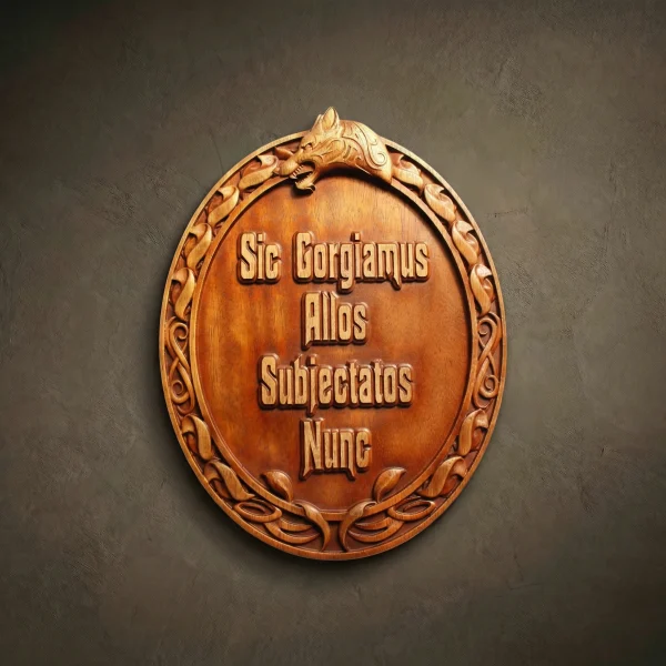 Oval wall plaque hand-carved from solid Iroko hardwood, featuring the Addams Family motto in Latin: "Sic Gorgiamus Allos Subjectatos Nunc." The relief carving includes a snarling wolf head at the top and an ornate border with Celtic-inspired knotwork and leaf motifs. Hand-finished with natural oils to highlight the rich, warm, golden-brown grain of the Iroko wood. A sophisticated and humorous piece of Gothic-style home decor for fans of dark comedy and classic cinema.