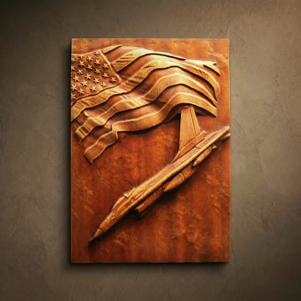 American Air Force wood carving, Iroko wood wall art featuring a fighter jet and US flag. 3D military relief, patriotic home decor, veteran gift idea. Solid hardwood plaque with natural finish.