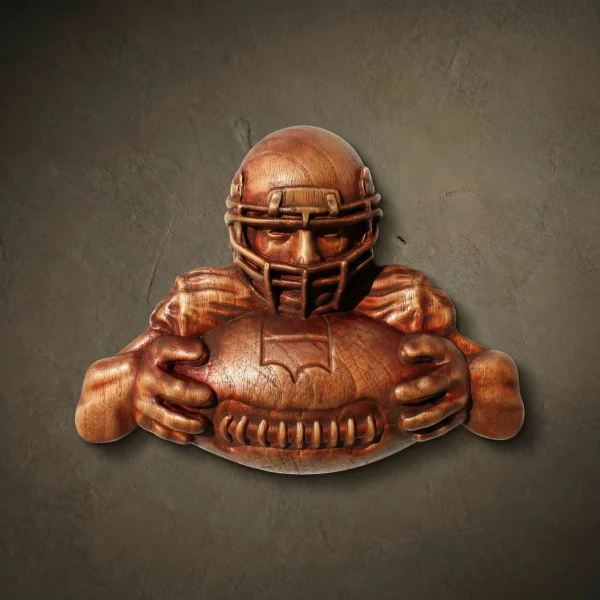 Shaped 3D wood relief carved from Iroko. Depicts a football player in a helmet clenching a football with both hands. High-relief carving showing jersey folds and helmet grill. Solid wood with natural grain and oil finish.