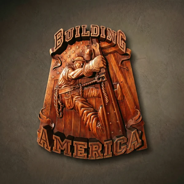 Vertical 3D wood relief carved from Iroko. Depicts a construction worker on a steel beam with "BUILDING AMERICA" in bold 3D lettering. Background features a starred flag motif. Solid wood with rich natural grain and hand-oiled finish.