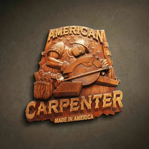 Hand-carved Iroko wood relief plaque titled "AMERICAN CARPENTER." Detailed sculptural scene of a woodworker using a circular saw, featuring a tool belt and "MADE IN AMERICA" inscription. Finished with natural oil to highlight the professional craftsmanship and wood grain.