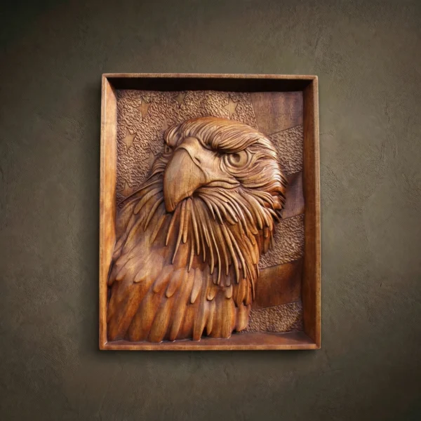 Rectangular 3D wood relief carved from Iroko. Features a close-up profile of a Bald Eagle's head with highly detailed feather textures. The background displays carved stars and stripes representing the American flag. Solid wood with a warm natural grain and oil finish.