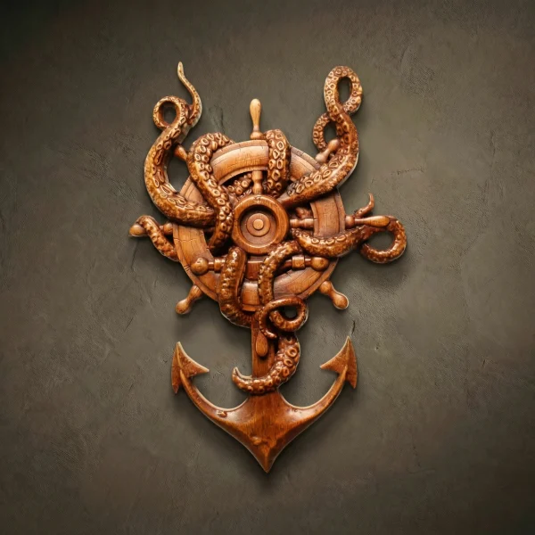 Hand-carved Iroko wood relief sculpture of an octopus intertwined with a ship's wheel and an anchor. Featuring realistic suction cup textures and a dynamic nautical composition, finished with natural oil to enhance the deep, warm grain. Intricate maritime-themed wall art.