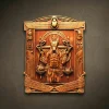 Architectural wall relief of the Egyptian god Anubis carved from solid Iroko hardwood. The sculpture depicts Anubis with a jackal head holding an Ankh, framed by a border of precisely carved hieroglyphs. High-relief craftsmanship showcases the detailed ceremonial collar and symbolic scales. Hand-finished with natural oils to emphasize the dense grain and timeless amber luster of the Iroko wood.