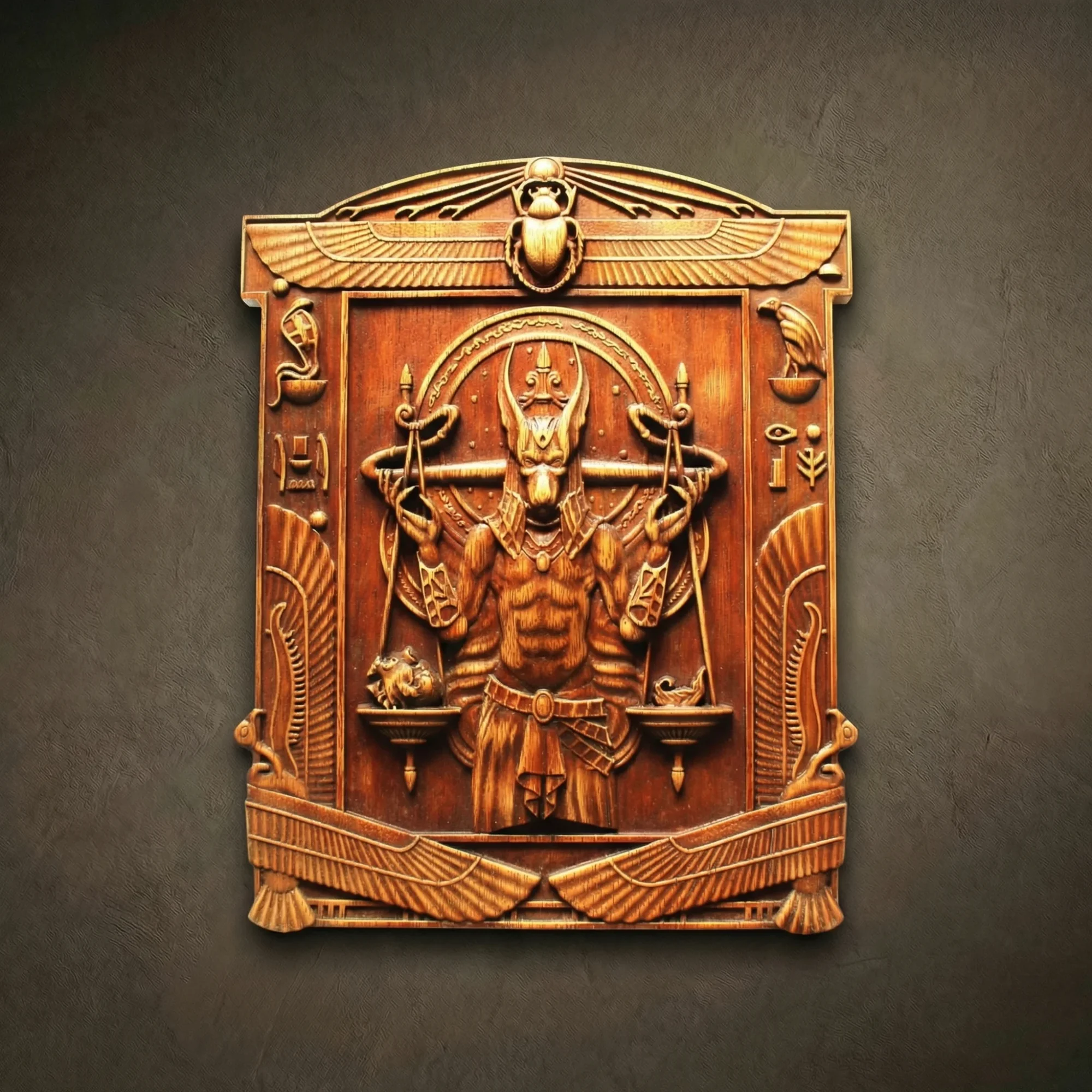 Architectural wall relief of the Egyptian god Anubis carved from solid Iroko hardwood. The sculpture depicts Anubis with a jackal head holding an Ankh, framed by a border of precisely carved hieroglyphs. High-relief craftsmanship showcases the detailed ceremonial collar and symbolic scales. Hand-finished with natural oils to emphasize the dense grain and timeless amber luster of the Iroko wood.