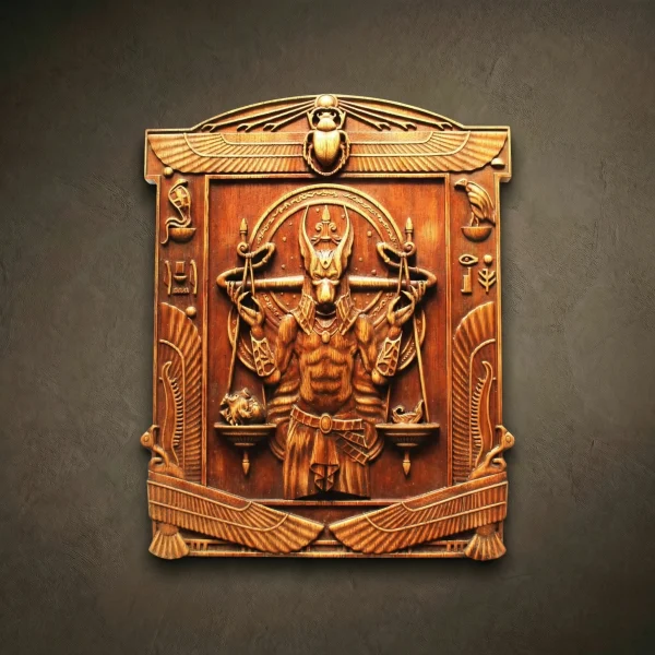 Architectural wall relief of the Egyptian god Anubis carved from solid Iroko hardwood. The sculpture depicts Anubis with a jackal head holding an Ankh, framed by a border of precisely carved hieroglyphs. High-relief craftsmanship showcases the detailed ceremonial collar and symbolic scales. Hand-finished with natural oils to emphasize the dense grain and timeless amber luster of the Iroko wood.