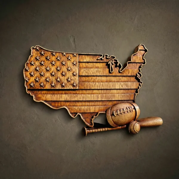 American Flag Wood Carving, Baseball & Bat, Patriotic Wall Decor