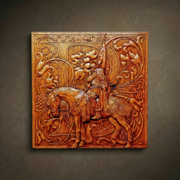 Large square wall relief hand-carved from solid Iroko hardwood, depicting a medieval armored warrior on a warhorse holding a tall banner. The central figure is surrounded by an intricate, flowing baroque floral and Celtic knotwork background. The carving features exceptional 3D depth, detailing the textures of chainmail, fur, and ornate horse tack. Hand-finished with natural oils to reveal the rich, radiant golden-brown grain of the Iroko wood. A majestic piece of historical warrior art for luxury interiors.