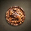 Custom hand-carved Iroko wood round relief sculpture of the Capricorn Zodiac sign. This mythical astrological carving features a Sea-Goat with prominent horns and a detailed scaly fish tail, set against a background of rocky mountains and a ringed planet. The piece is framed by a lush decorative border of oak leaves and Capricorn symbols, finished with natural oil to highlight the rich, warm wood grain. A premier example of bespoke zodiac wall art and custom-made celestial wood carvings.