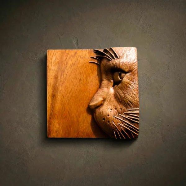 Iroko Wood Cat Carving, Animal Wall Art, Home Decor