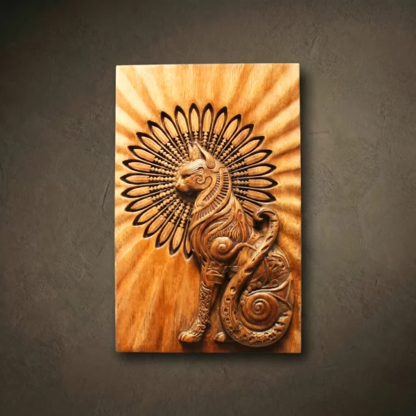 Cat head with sunburst mandala wood carving, Iroko wood 3D relief. Spiritual Cat Spirit wall art, sacred feline geometry decor.