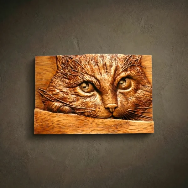 Wood Carved Cat Portrait, Custom Pet Wall Hanging