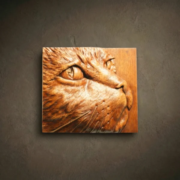 Wood Carved Cat Portrait: Custom Pet Wall Hanging