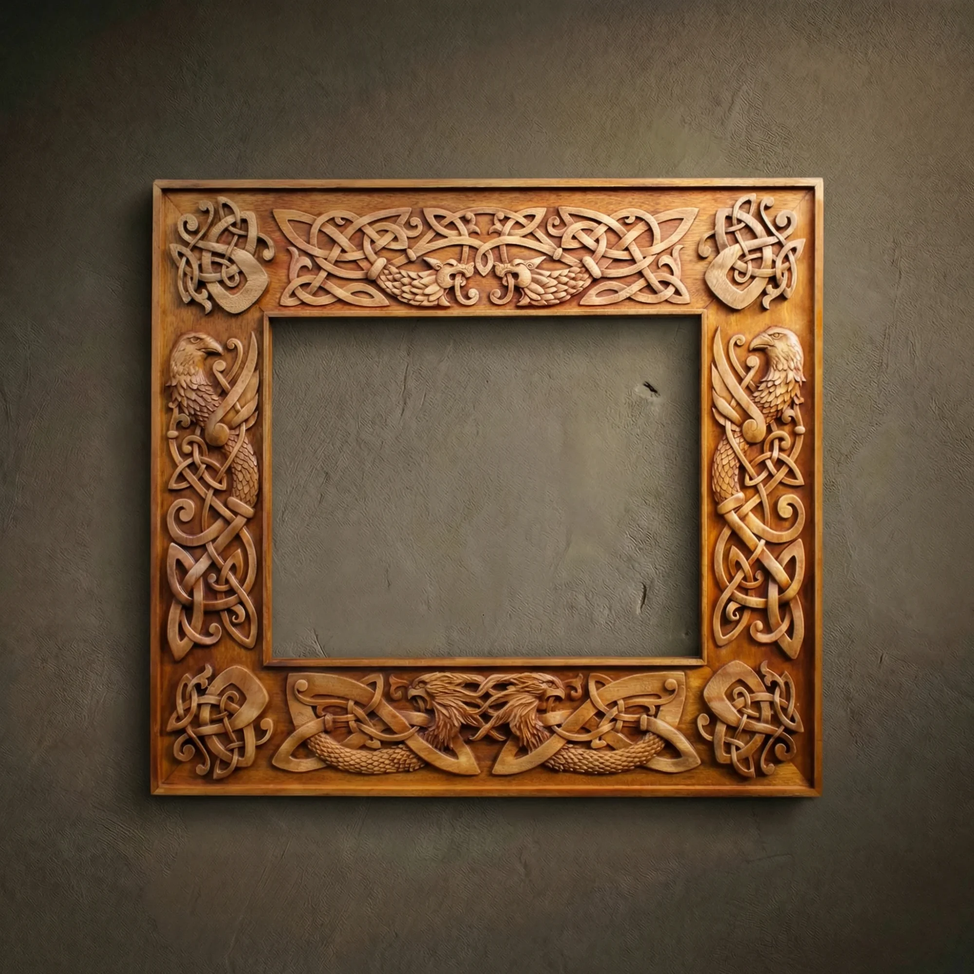 Architectural mirror frame carved from solid Iroko hardwood featuring intricate Norse mythology motifs. The design includes high-relief carvings of ravens, dragons, and traditional Scandinavian knotwork. Natural golden-brown grain of the Iroko wood with a refined oil finish. A museum-standard interior piece designed for luxury mirrors or fine art displays.