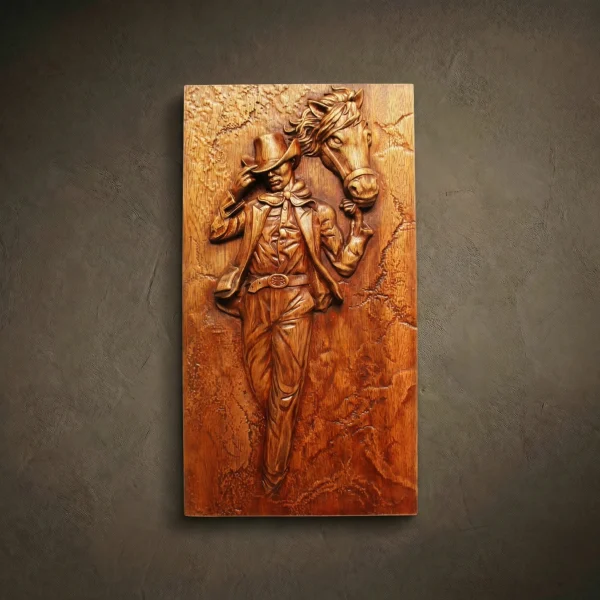 Iroko Wood Carving, Cowboy and Horse, Luxury Western Decor