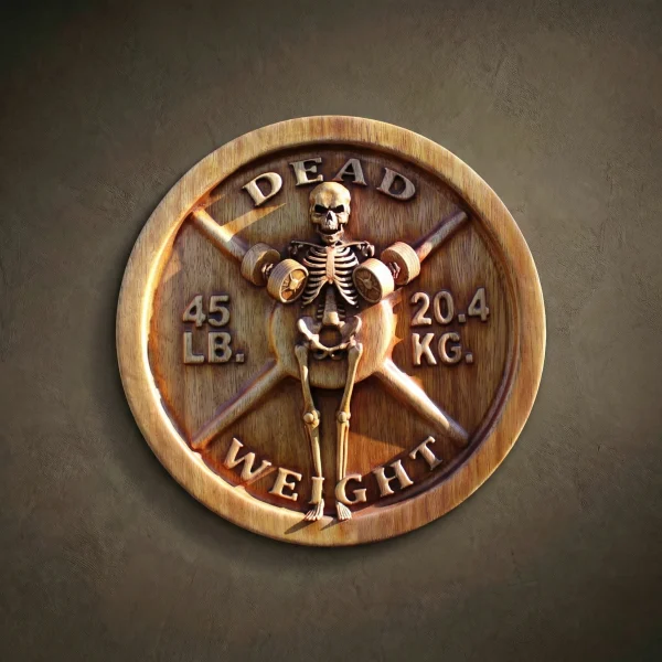 Circular wall plaque carved from solid Iroko hardwood, shaped like a 45 LB / 20.4 KG weightlifting plate. The center features a detailed skeleton lifting dumbbells with the embossed text "DEAD WEIGHT" at the top and bottom. High-relief artisan carving with a realistic wood grain finish. Premium gym wall decor and fitness motivation art for home gyms and professional training facilities.