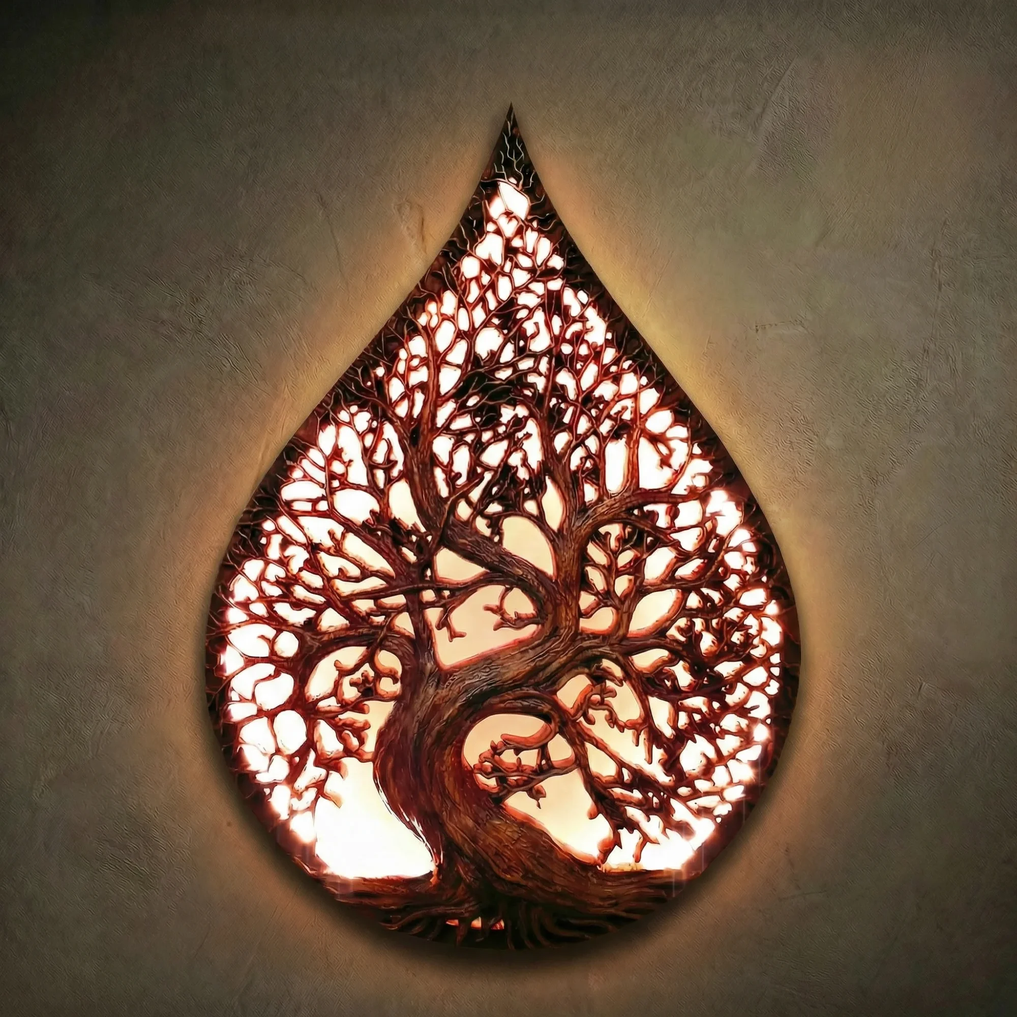 Teardrop-shaped wall lamp hand-carved from solid Iroko hardwood, featuring the Norse Yggdrasil Tree of Life. The design uses intricate openwork carving to allow light to shine through the branches, creating a mystical glow. High-relief details on the twisted trunk and sprawling canopy. Hand-finished with natural oils to highlight the rich, warm grain of the Iroko wood. A functional masterpiece of pagan decor and spiritual lighting for luxury interiors.