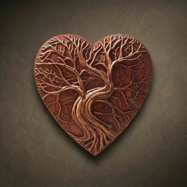 A single heart-shaped wall plaque masterfully hand-carved from solid Iroko hardwood. The relief features a Tree of Life with a thick, gnarled, twisting trunk that flows into a wide network of delicate, intricately carved branches. The design fills the entire heart silhouette. Hand-finished with natural oils, showcasing the deep, warm, golden-brown grain of the Iroko wood. A symbolic and romantic piece of high-end wood art.