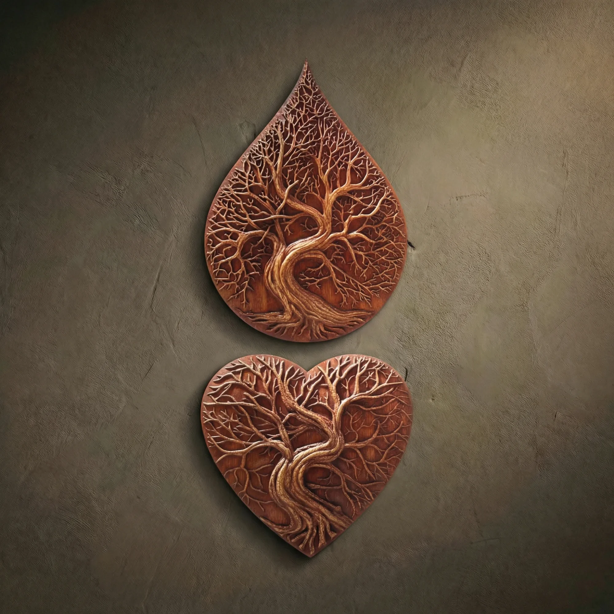 A set of two wall-hanging sculptures carved from solid Iroko hardwood, representing the Tree of Life (Yggdrasil). One piece is shaped like a teardrop and the other like a heart. Both feature intricate high-relief carvings of gnarled trunks and expansive branch networks. Hand-finished with natural oils to showcase the rich, warm wood grain. Symbolic Norse and Celtic-inspired home decor for luxury spiritual interiors.