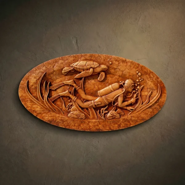 Iroko Wood Carving – Diver and Turtle Nautical Wall Art (17x9 Inches)