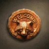 Circular wall plaque hand-carved from solid Iroko hardwood, featuring a charming 3D portrait of a raccoon peeking out from the center. The top of the plaque displays the word "WELCOME" in bold, raised relief lettering. The design highlights the raccoon's realistic fur textures and inquisitive expression, set within a rustic, textured border that mimics a natural tree cross-section. Hand-finished with natural oils to accentuate the warm, honey-toned grain of the Iroko wood. A whimsical and high-quality welcome sign for rustic home decor or forest-themed interiors.
