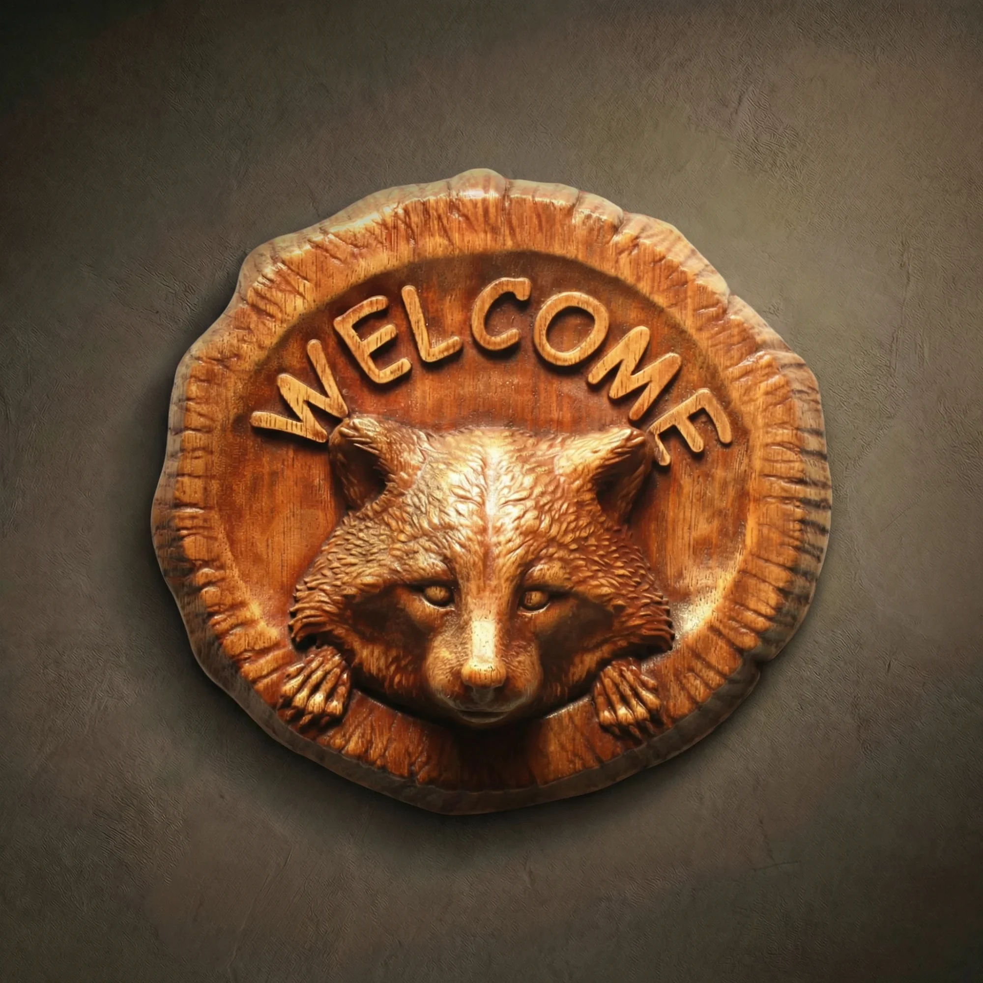 Circular wall plaque hand-carved from solid Iroko hardwood, featuring a charming 3D portrait of a raccoon peeking out from the center. The top of the plaque displays the word "WELCOME" in bold, raised relief lettering. The design highlights the raccoon's realistic fur textures and inquisitive expression, set within a rustic, textured border that mimics a natural tree cross-section. Hand-finished with natural oils to accentuate the warm, honey-toned grain of the Iroko wood. A whimsical and high-quality welcome sign for rustic home decor or forest-themed interiors.