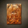 Architectural relief sculpture of an Angel in armor, hand-finished from solid Iroko wood. The central figure is framed by precisely carved Norse symbols, featuring detailed feather textures and structural anatomy. Natural golden-brown grain of the Iroko hardwood with a refined matte finish. A museum-standard wall piece designed as a lasting interior element.
