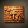 Patriotic Iroko wood relief carving featuring a modern assault rifle with attachments and dog tags. Background depicts a distressed US flag with "U.S. ARMY" and "ALWAYS A SOLDIER" inscriptions, finished with natural oil.