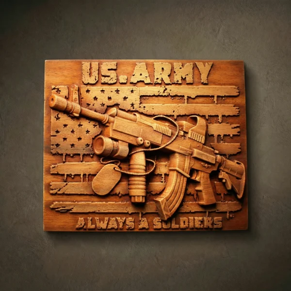 Patriotic Iroko wood relief carving featuring a modern assault rifle with attachments and dog tags. Background depicts a distressed US flag with "U.S. ARMY" and "ALWAYS A SOLDIER" inscriptions, finished with natural oil.