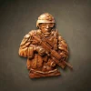 Rectangular 3D wood relief carved from Iroko. Features a modern soldier in a helmet and tactical gear, holding an assault rifle. Solid wood with visible natural grain and oil finish.