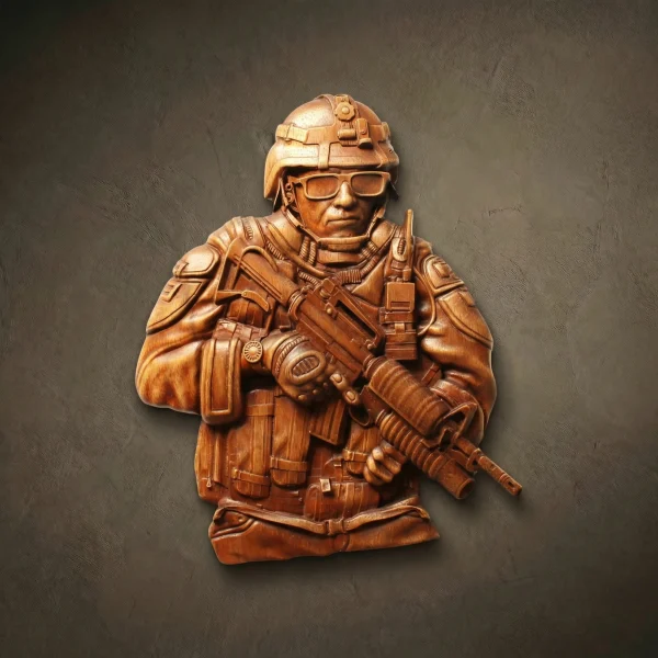 Rectangular 3D wood relief carved from Iroko. Features a modern soldier in a helmet and tactical gear, holding an assault rifle. Solid wood with visible natural grain and oil finish.