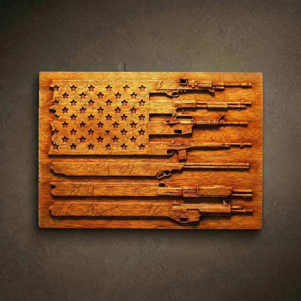 SALE! Wood Carved American Flag with Guns: Military Art Decor
