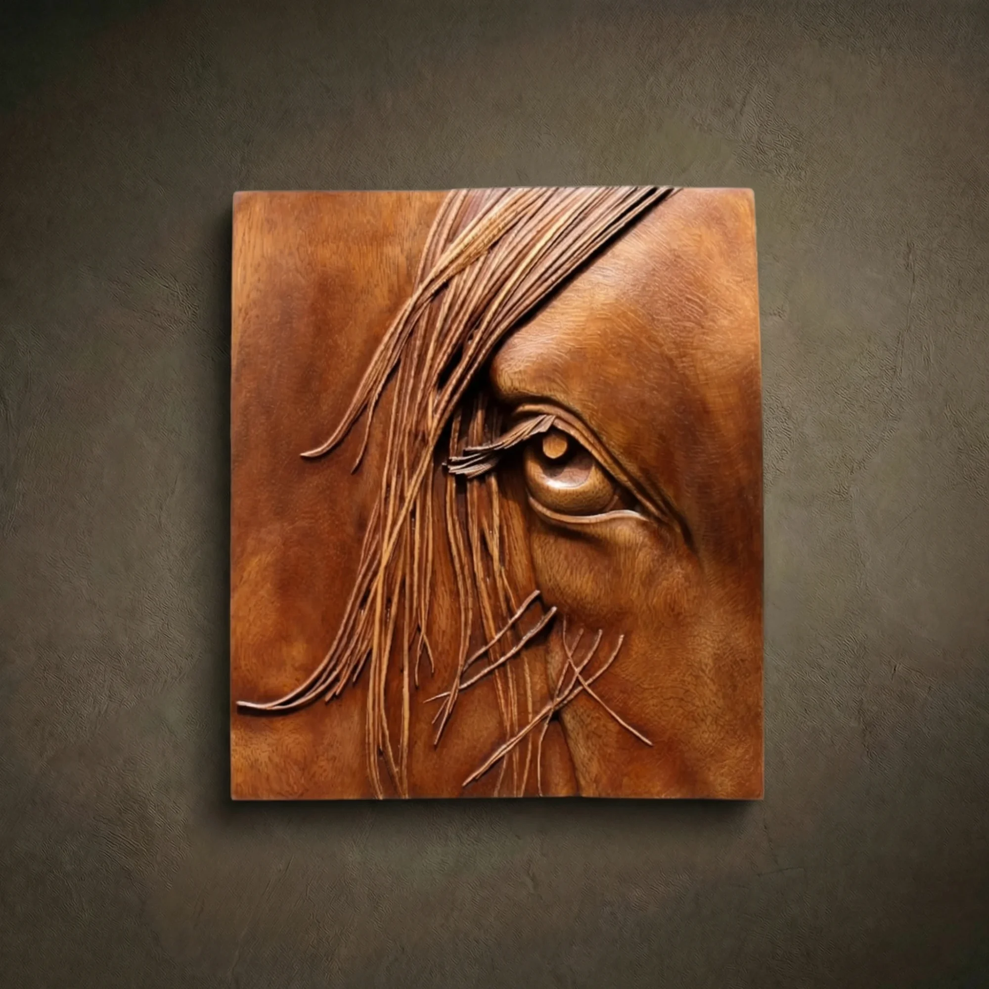 Macro relief sculpture of a horse's eye carved from Iroko wood. Intense anatomical detail of the iris and skin folds, finished with natural oil.